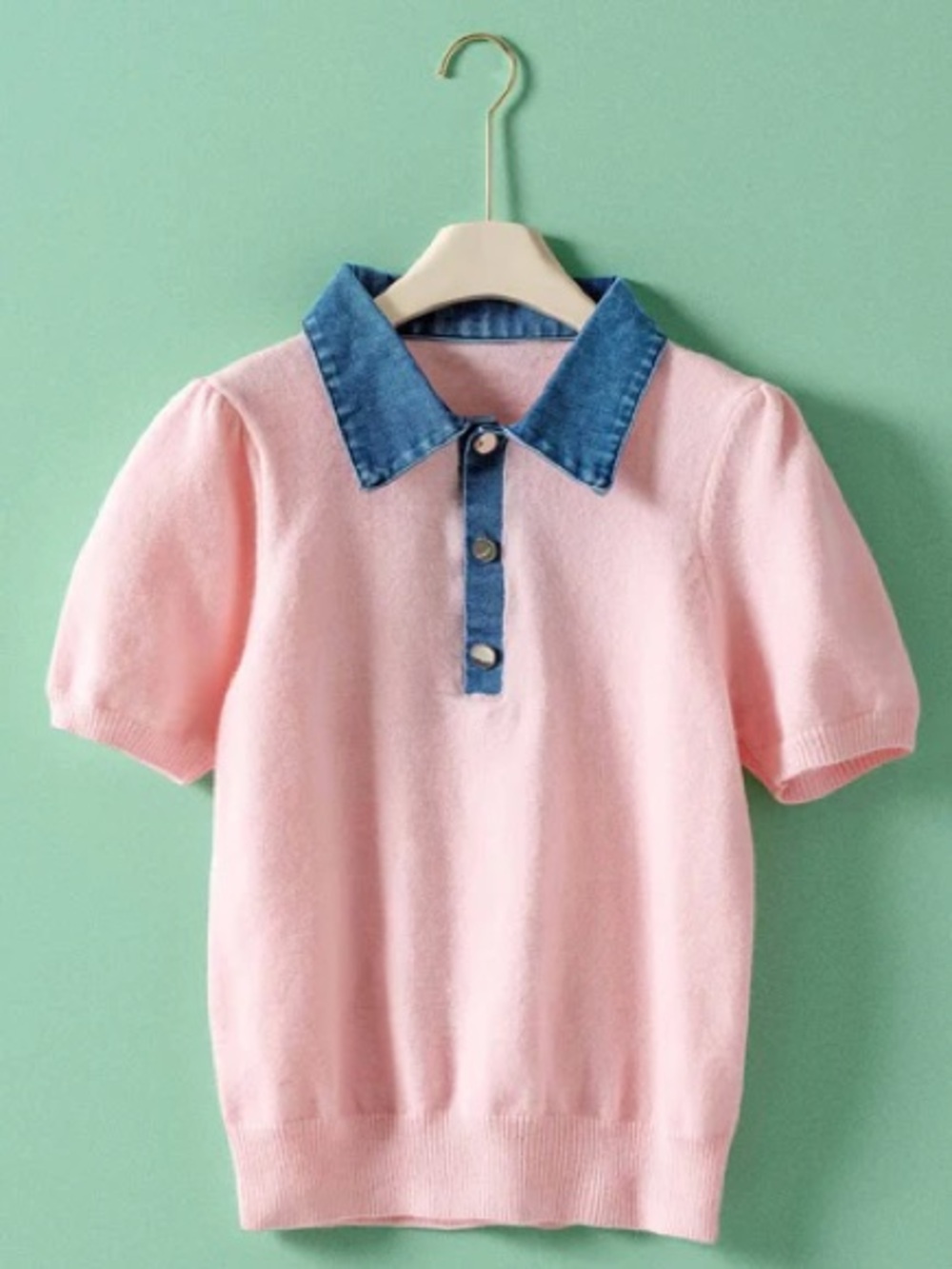 MeMe’s Pink Short Sleeved Knit Sweater with Denim Contrast Collar Small NWT